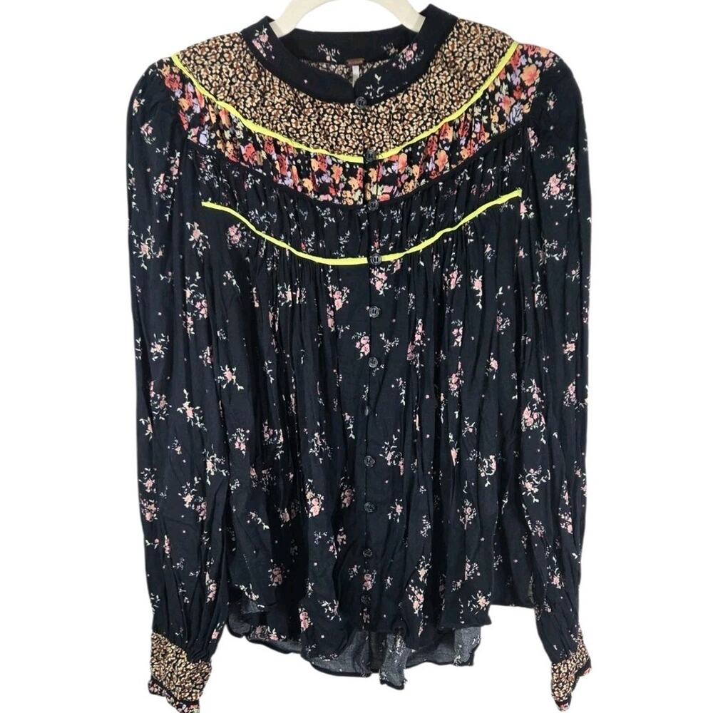 Free People Floral Palaloma Button Down Pleated Yoke Top